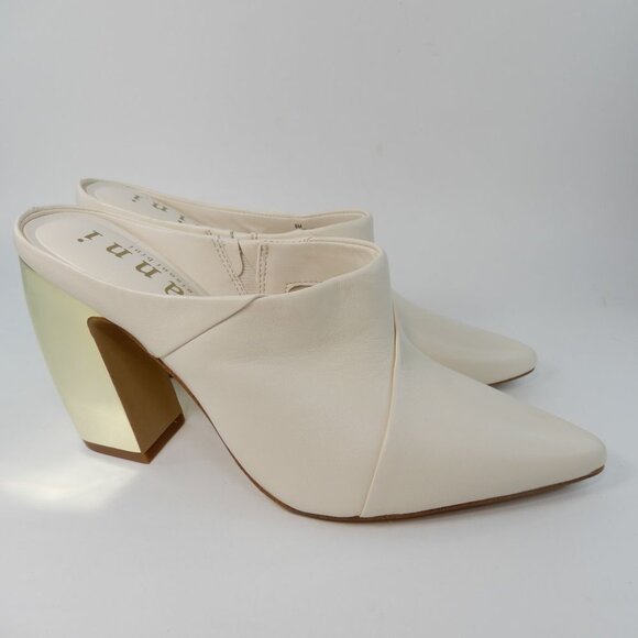 Gianni Bini Donovan Heeled Leather Mules Size 8 Cream Gold Curved Heels NEW - Picture 6 of 16